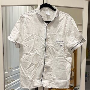 Women’s White Short-Sleeve Button Shirt with Navy Trim